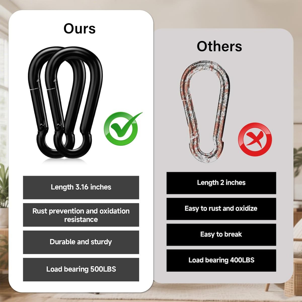 Locking Carabiner Clip 2 Pack, Heavy Duty 500lbs Capacity, Carbon Steel Quick Link Clip for Climbing, Camping, Hiking Equipment