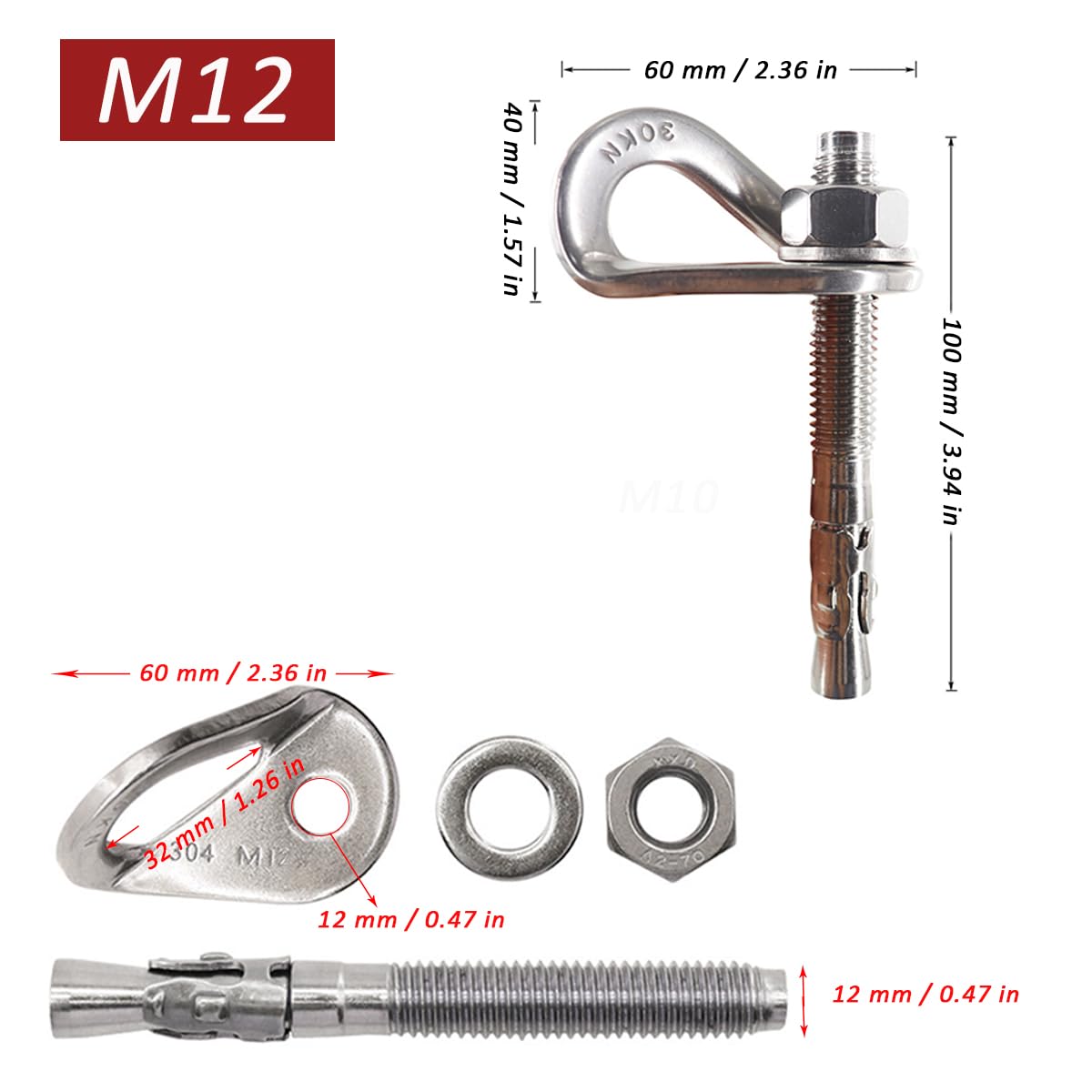 YZTONGPAO 2 Set 304 Stainless Steel Climbing Anchor Bolt, 30KN Rock Climbing Bolt Hanger, Climb Fastening Bolt Safe Fixed Point, Rock Climbing Holds