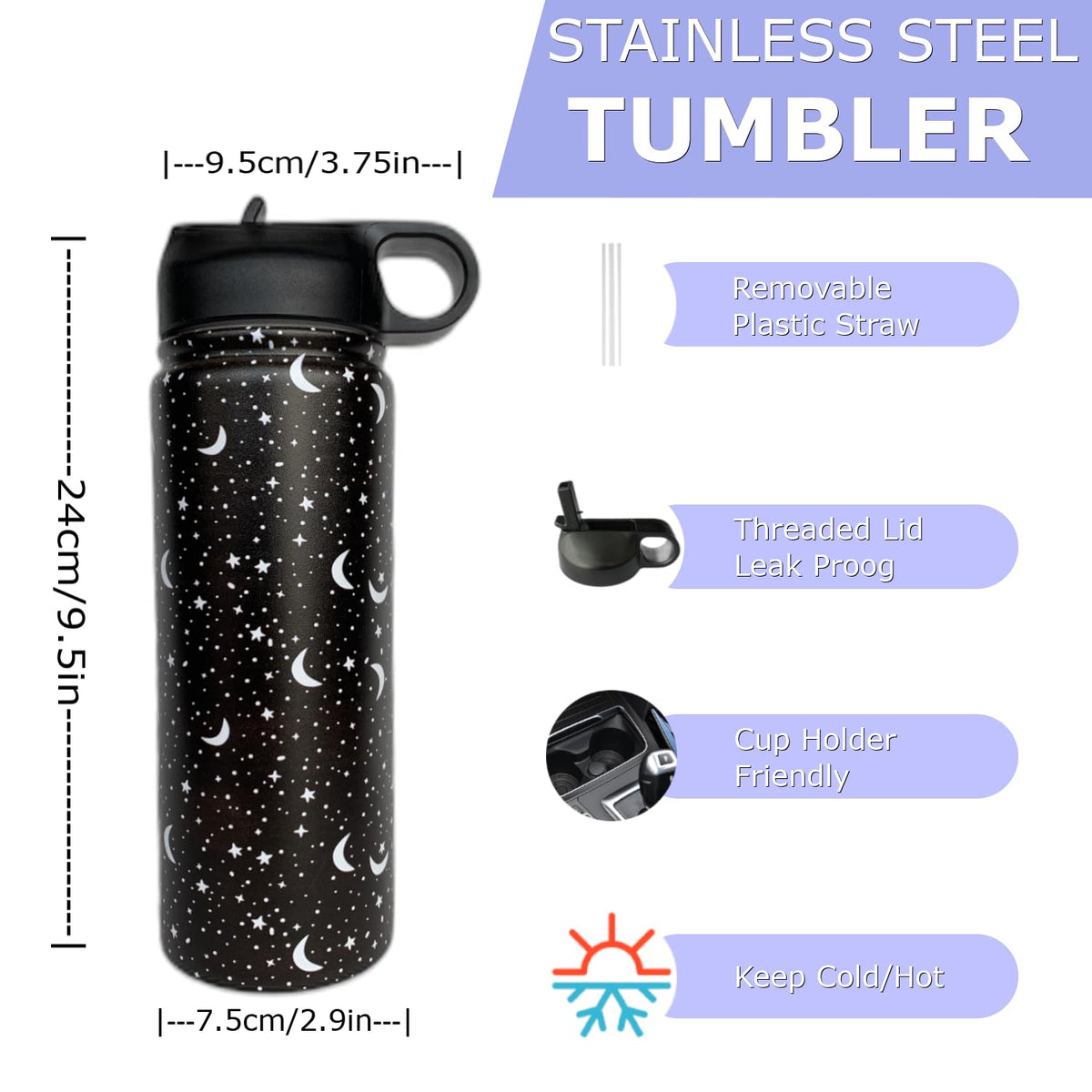 Goth Tumbler with Straw and Lid Gift for Boys Girls Gothic Water Bottle Halloween Travel Kettle Cup for Car Cold and Hot Stainless Steel Double Wall Insulated Mug (star moon, 18oz)