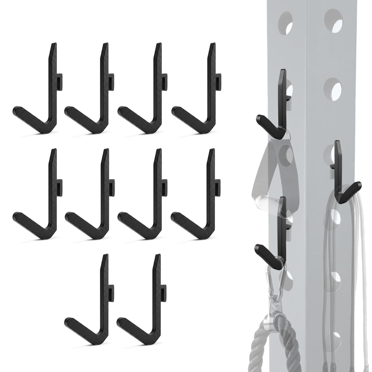 Lights Mountain Power Rack Hooks 10 Pack, J Hooks for Squat Rack, Heavy Duty Gym Storage Hooks for Resistance Bands, Belts, Chains & Cable Attachments & Accessories, Fits 5/8" & 1" Holes