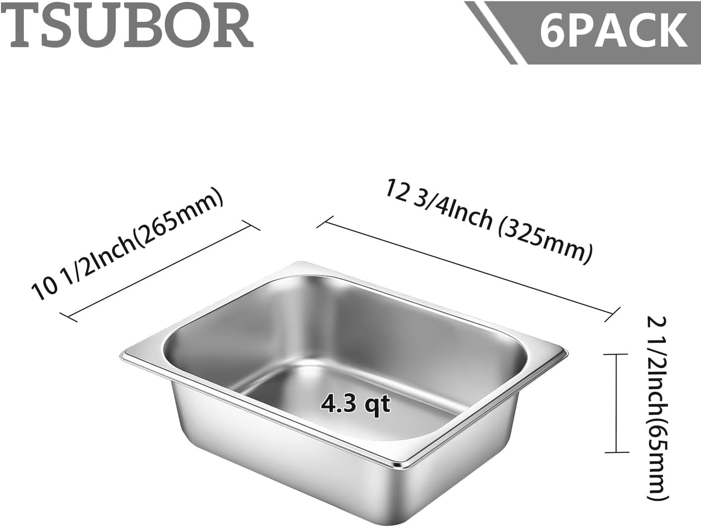 Skiennix 6-Piece Stainless Steel Hotel Pans - 1/2 Size, 2.5-Inch Deep with Lids for Catering & Food Storage