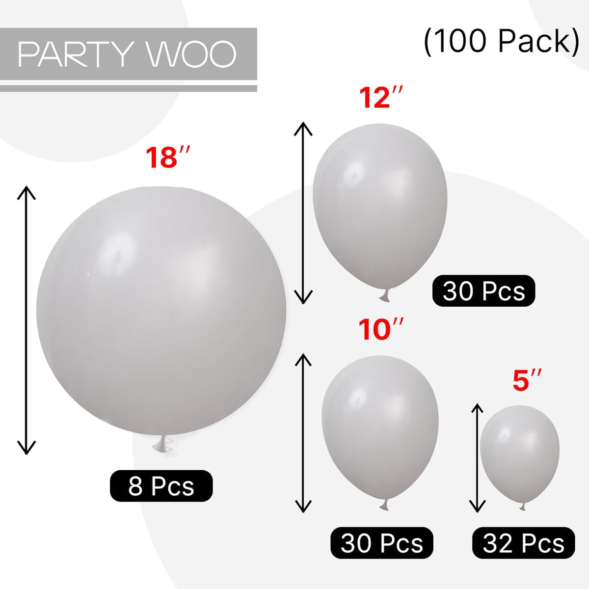PartyWoo Gray Balloons - 100 Pcs Matte Grey Latex Balloon Arch Kit for Baby Showers & Parties | 5-18 Inch Sizes