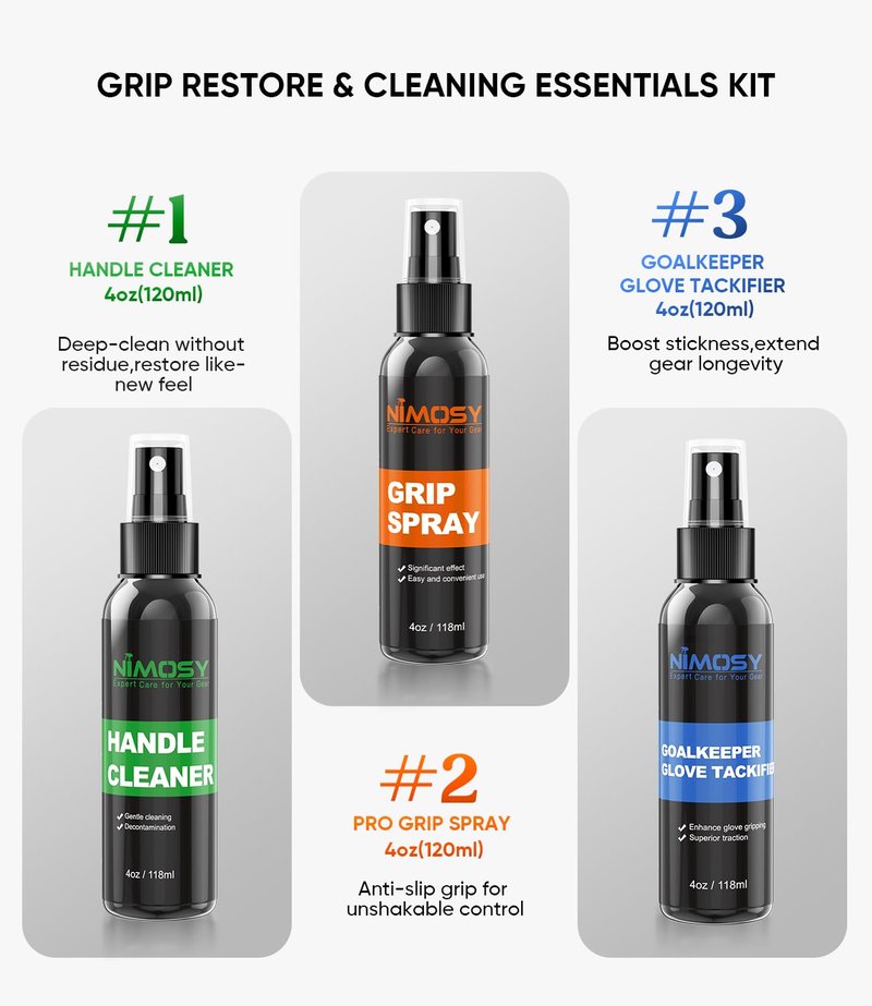 NIMOSY Pro Sport Grip Cleaner Kit - Golf Club & Pickleball Paddle Grip Care Set with Spray, Brush & Microfiber Towel - Restores Grip for Baseball, Tennis, Soccer Goalie Gloves - Perfect Sports Gift