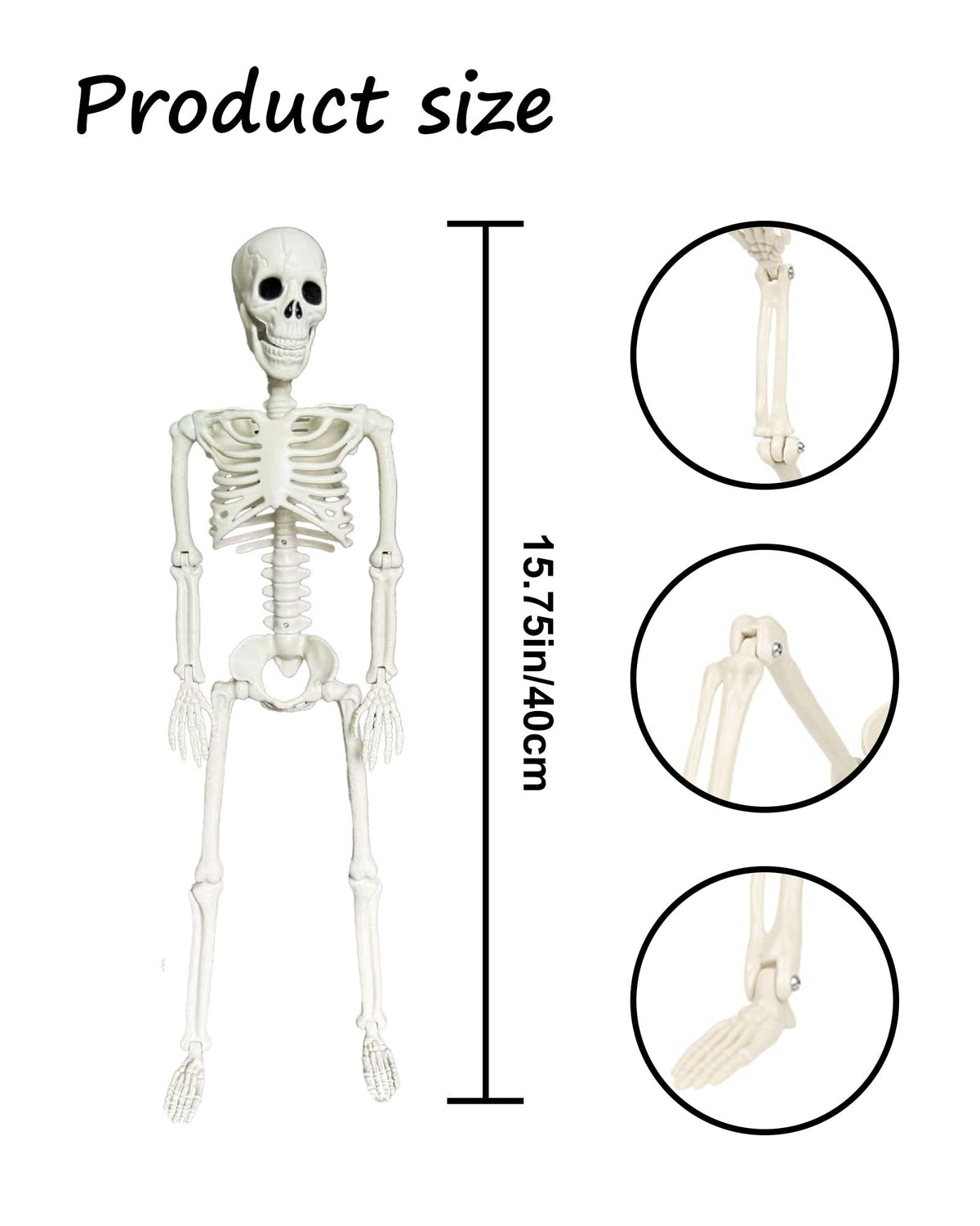 16" Poseable Halloween Skeleton Decor Realistic Bone Textured Plastic with Skull Hook, Hanging Decor for Spooky House & Graveyard Scenes