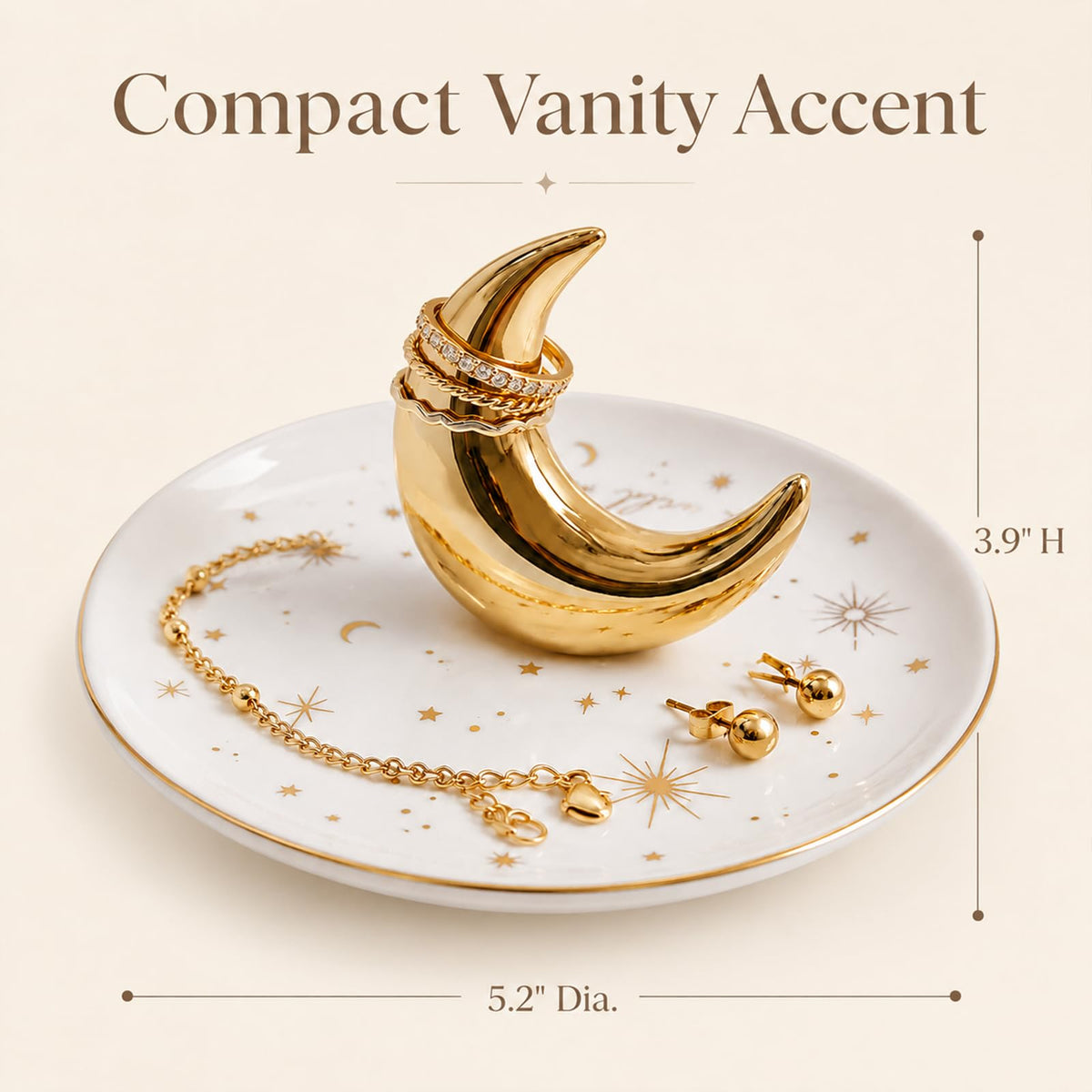 ChezMax Ceramic Moon Jewelry Tray Rings Dish Necklaces Earrings Holder Display Organizer Bracelets Plate Decoration