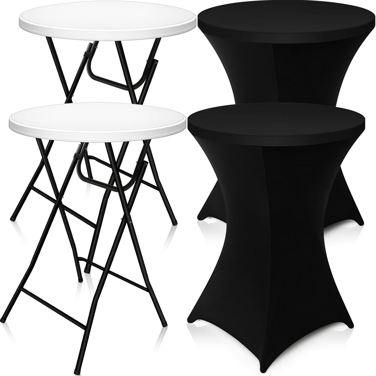 Wenqik 2 Sets 32" High Top Round Folding Cocktail Tables White Bar Height with Removable Legs & 32"x43" Spandex Stretch Table Covers (Black)
