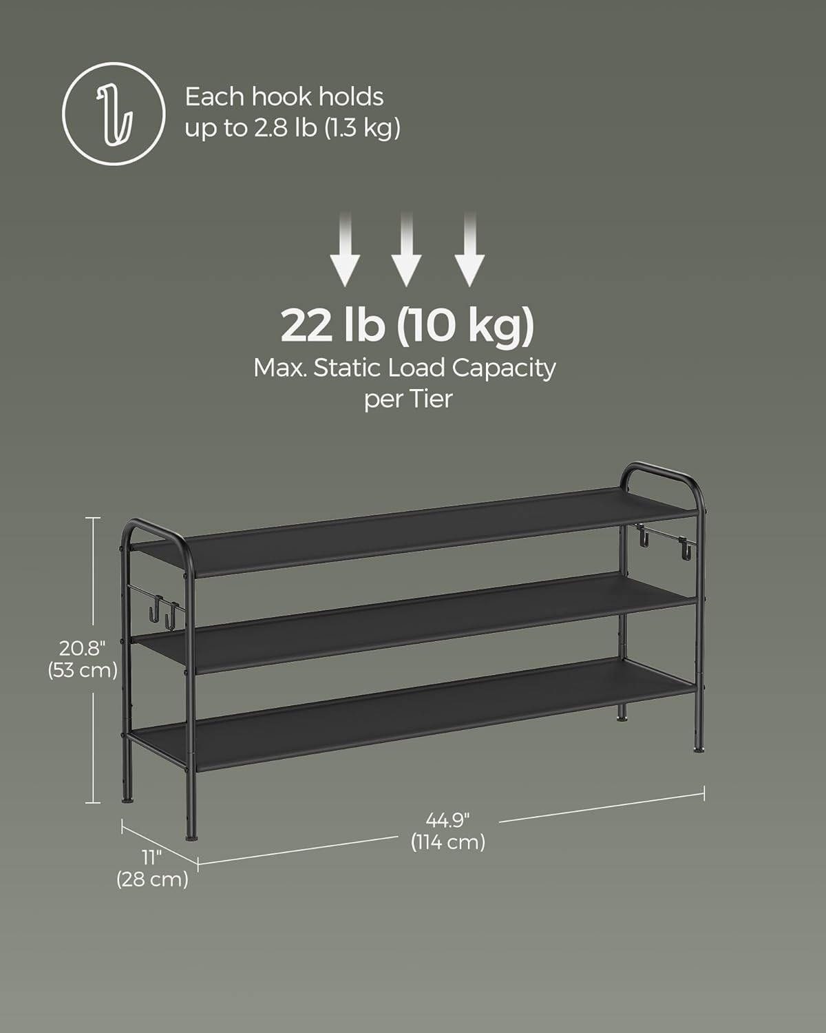SONGMICS 3-Tier Shoe Rack - Height-Adjustable Fabric Organizer with 4 Hooks | Holds 18 Pairs - Ink Black