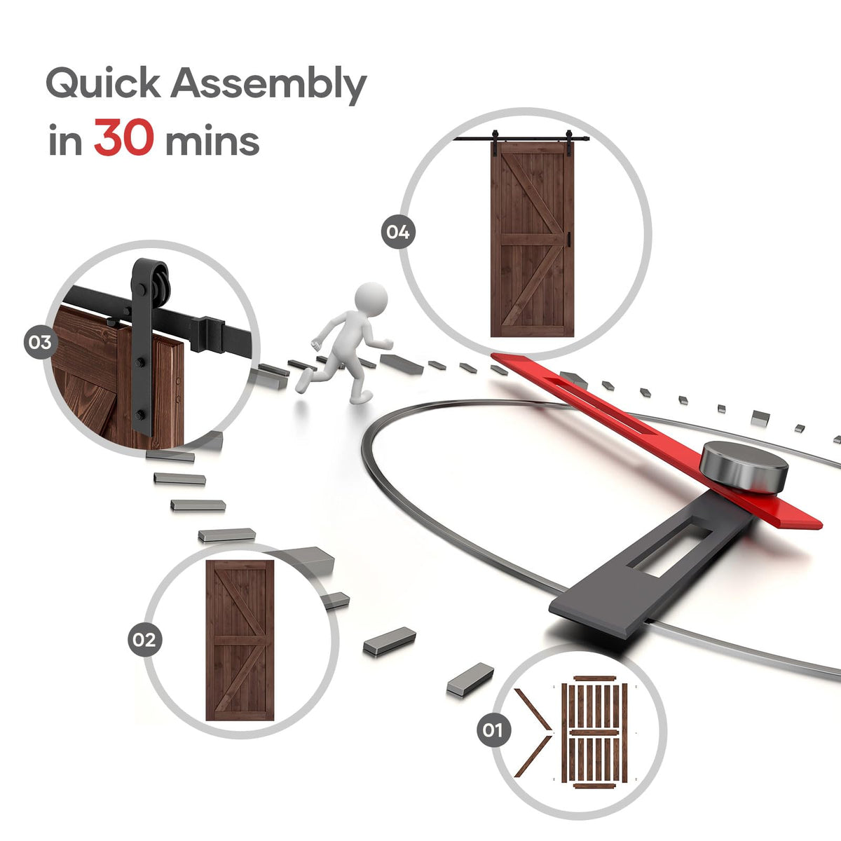 ROYMELO 36x84 inch Sliding Barn Wood Door Slab with 6.6ft Hardware Kit and Handle, Coffee, K Shape, Simple DIY Assembly