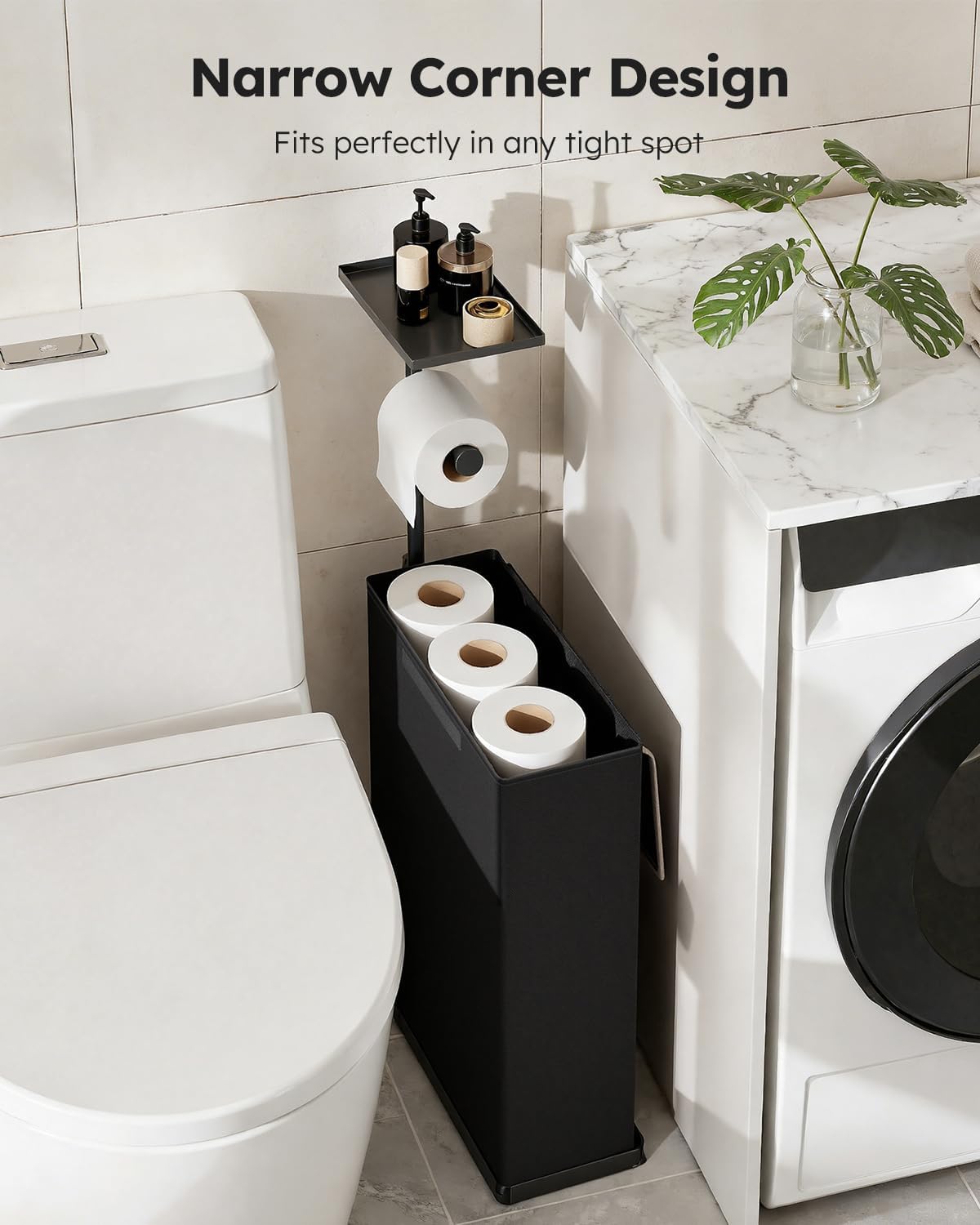 Skiennix 30" H Toilet Paper Holder Stand - Rustproof Free Standing Organizer with Shelf & Basket, Black