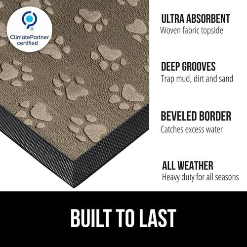 GORILLA GRIP Waterproof All-Season WeatherMAX Doormat | 35x23 Natural Rubber, Stain & Fade Resistant, Easy Clean Tan Pawprints