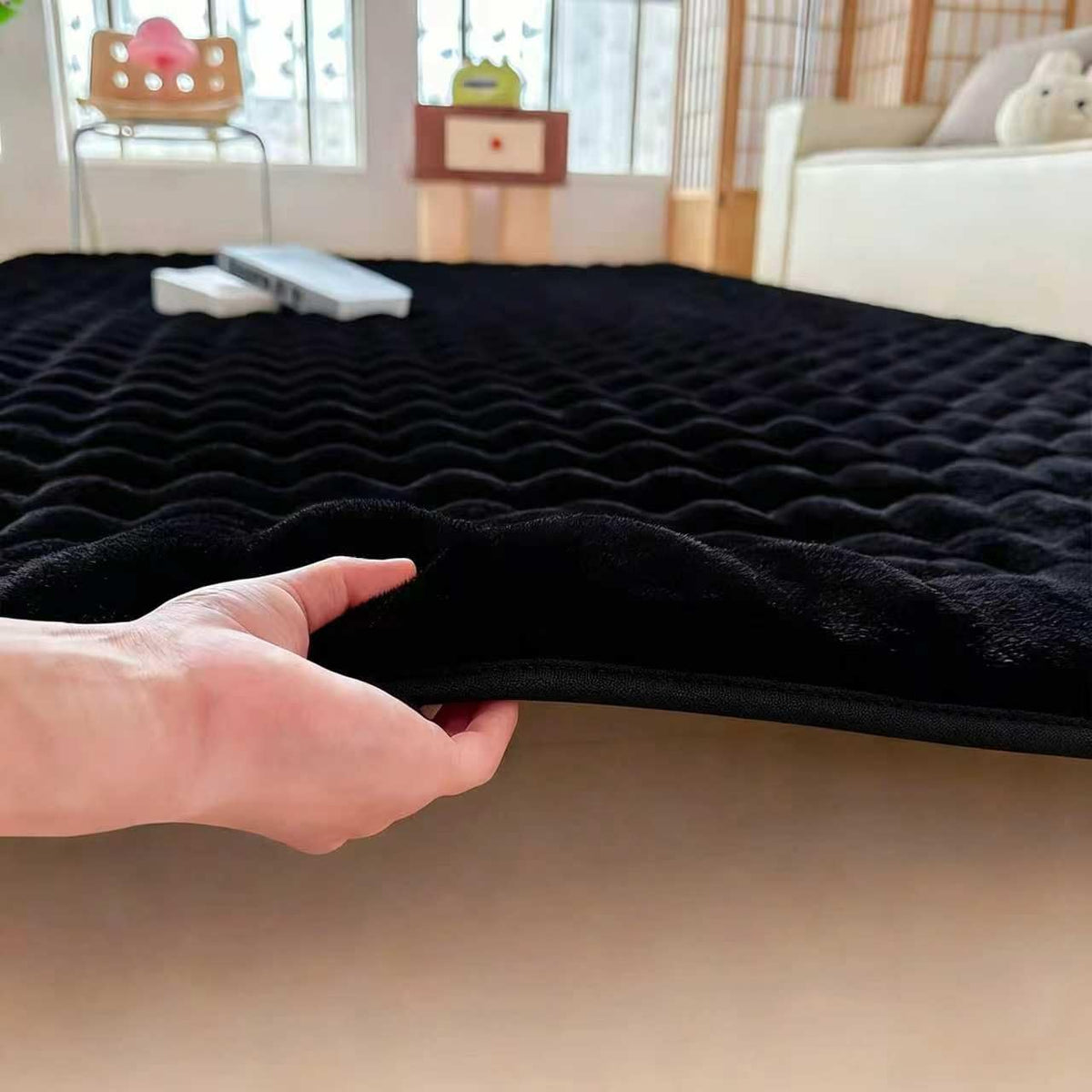 Black Rabbit Plush Rug 8'x10', Fluffy Faux Fur Shaggy Area Rug for Nursery, Kids Room Decor, Soft Fuzzy Carpet for Living Room, Bedroom, Teen Girls Room