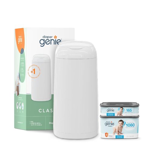Diaper Genie Classic Diaper Pail Gift Set - Push-N-Lock Odor Control | Includes Starter & Jumbo+ Refill | Holds 1,245 Newborn Diapers