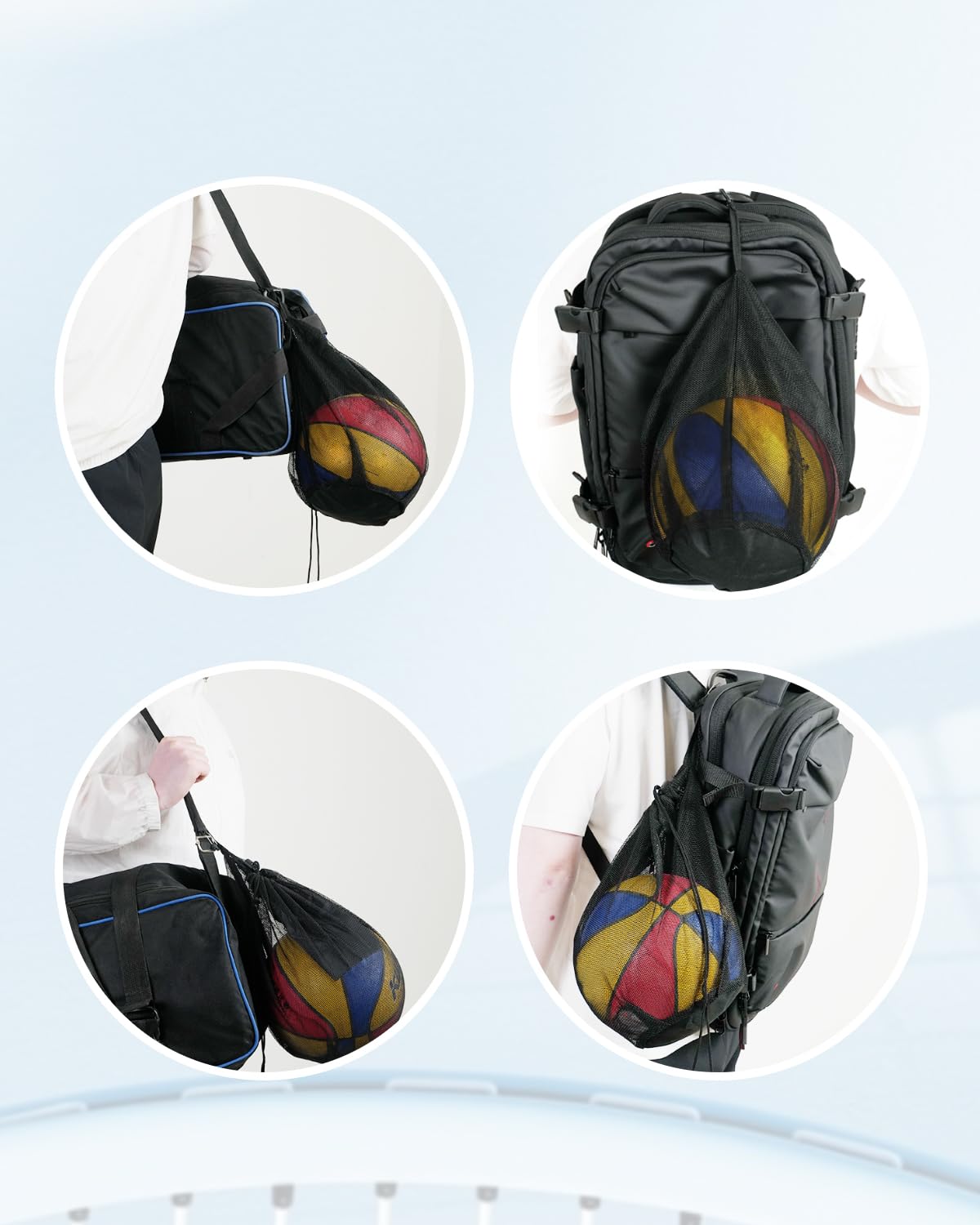 LHWINYI 2Pcs Single Mesh Ball Bag for Basketball Soccer & Volleyball, Lightweight Net Storage with Zipper Pocket for Sports, Portable Drawstring Bags with Hanging Clip for Men, Women & Athletes, Black
