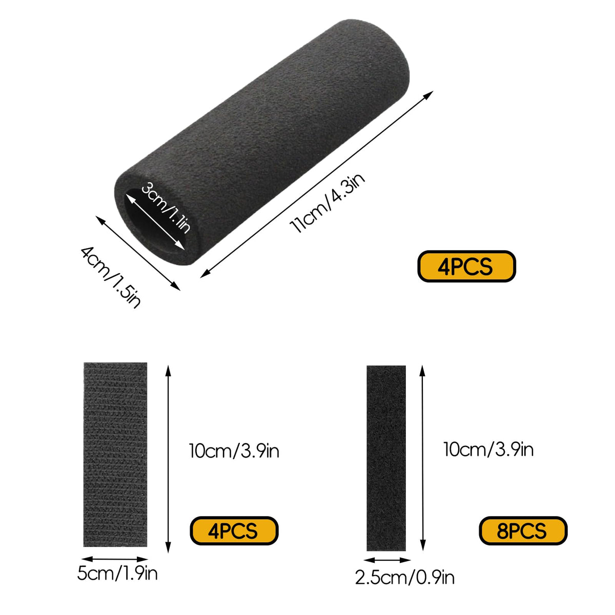 Wzttdm 4Pcs Foam Handle Cover, NBR Rubber Grip, 4.3 Inch Tubing, Comfortable Grips for Fitness, Home, Lawn, Bicycle, Motorbike Handlebar Replacement (Black)