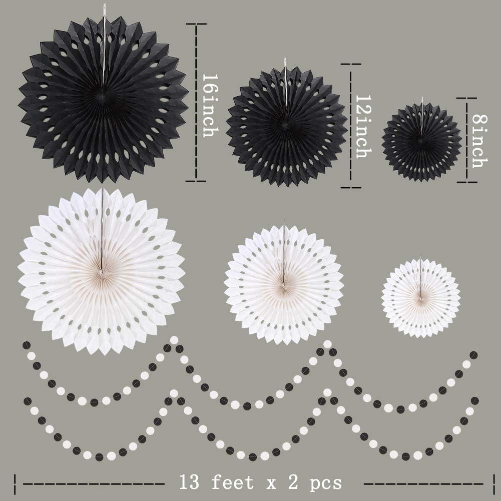 Cheerland Black White Party Decorations Hanging Paper Fans Garland Kit Gothic Decor Wedding Decoration Halloween Birthday Backdrop Baby Shower Goth Casino Emo Spooky Haunted House Party Supplies