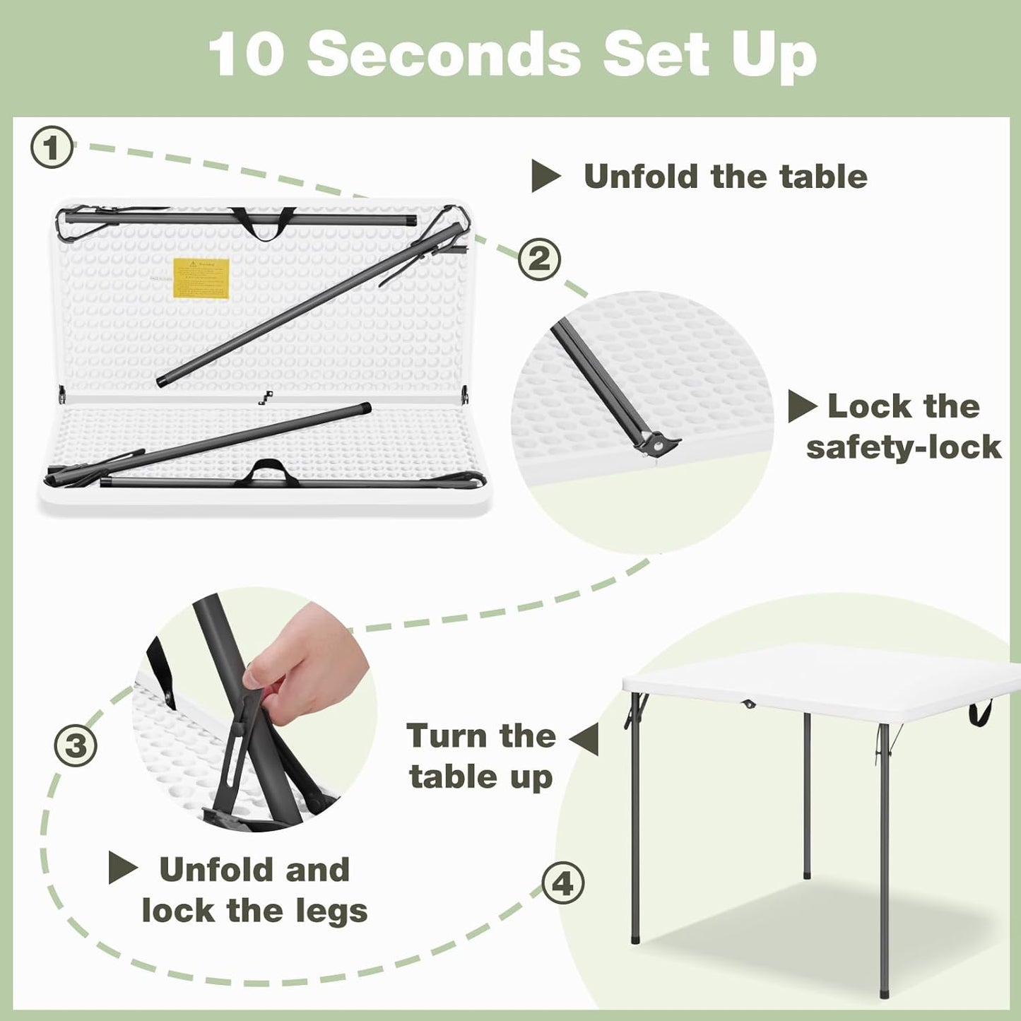 34" Square Folding Table - Heavy-Duty Steel Legs & HDPE Top | Portable 4-Person Picnic Table, White