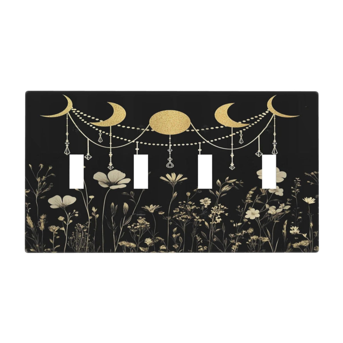 Wildflower Moon Phase Black Gold Dark Floral Rustic Light Switch Covers Quad Toggle Electrical Faceplate 4 Gang Wall Plate Decorative Switch Plates Cover for Bedroom Living Room Decor