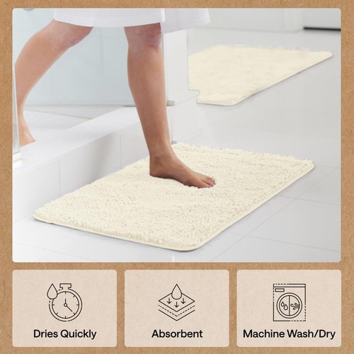 GORILLA GRIP Bath Rug Mat - Thick Soft Chenille, Quick-Dry Microfiber | 60x24 Inches, Ivory