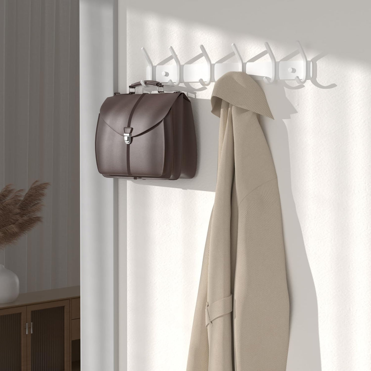 GWAAZXGZ Coat Rack Wall Mount Hooks - 15 Inch Matte White Metal 6-Hook Organizer Wall Mounted, Modern Kids Room, Entryway & Bathroom Hanger for Beach Towels, Coats, Purses, Bags (1 Pack)