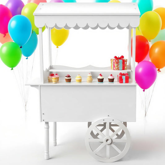 Gaonala 72IN Candy Cart Display Stand with Decorated Wheels, Dessert and Cakes Decoration Cart with 100 Ballons, Easy to Install Vintage for Parties, Birthdays, Weddings (White)