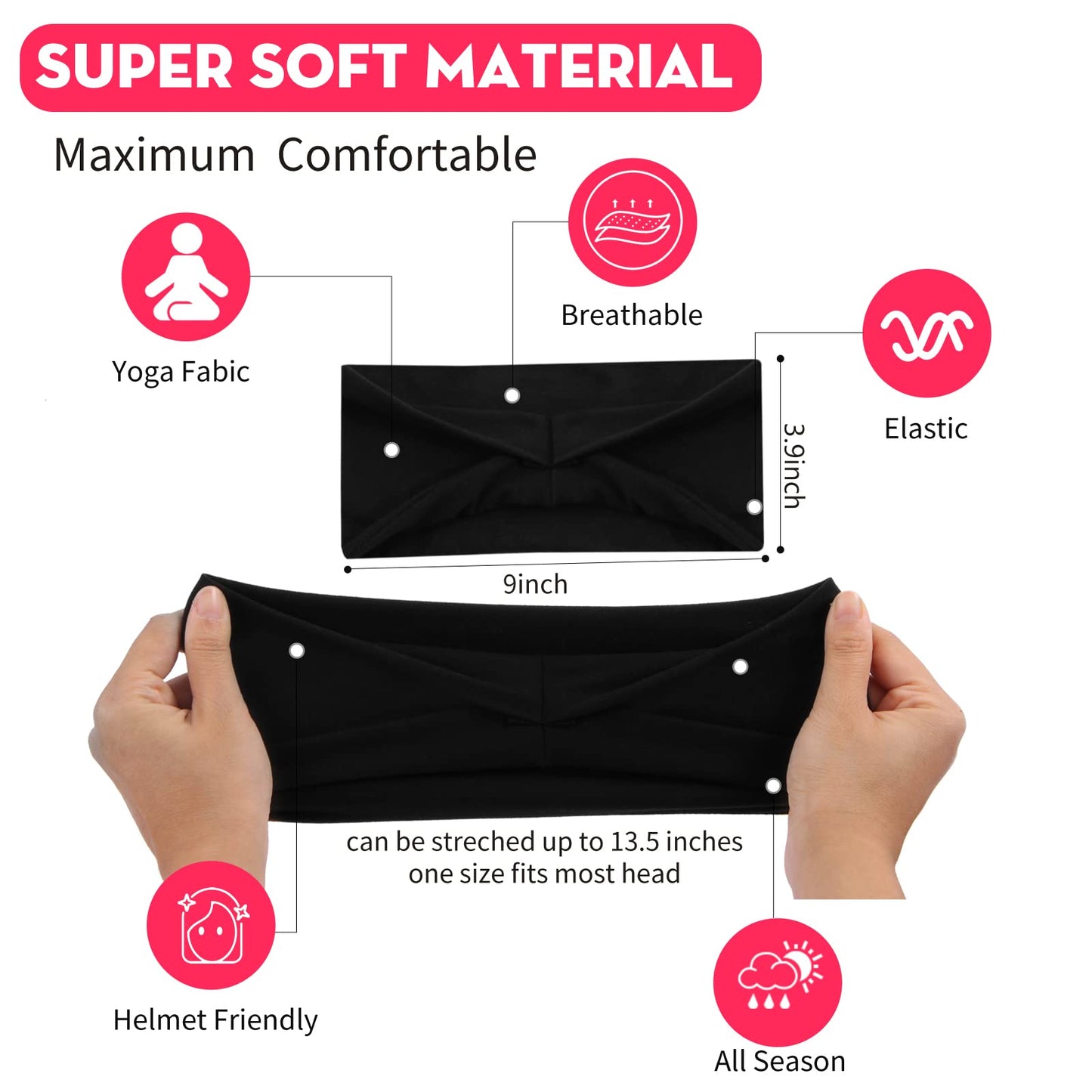RITOPER Black Workout Yoga Headbands for Women,6 Pack Wide Elastic Thick Headbands for Running Athletic, Non Slip Stretchy Sweat Head Bands Hair Bands (Solid Headband)