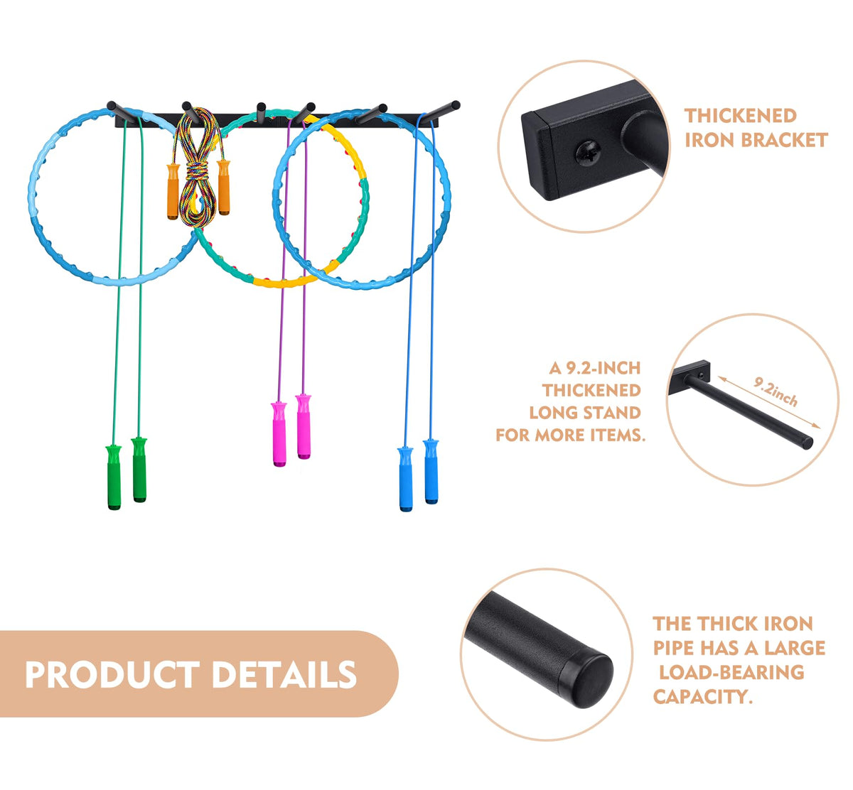 YOVXKAN Wall Mounted Jump Rope Rack - 6 Peg Heavy-Duty Metal Gym Organizer for Resistance Bands, Hoops, and Ropes - Black Finish - Home/Gym Storage