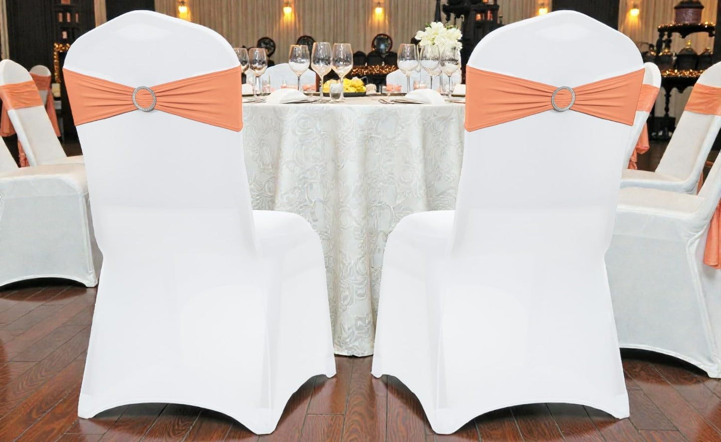 MDS Premium Spandex Chair Sashes - Stretchy Bow Covers with Buckle Slider for Weddings | 25 Pack - Peach