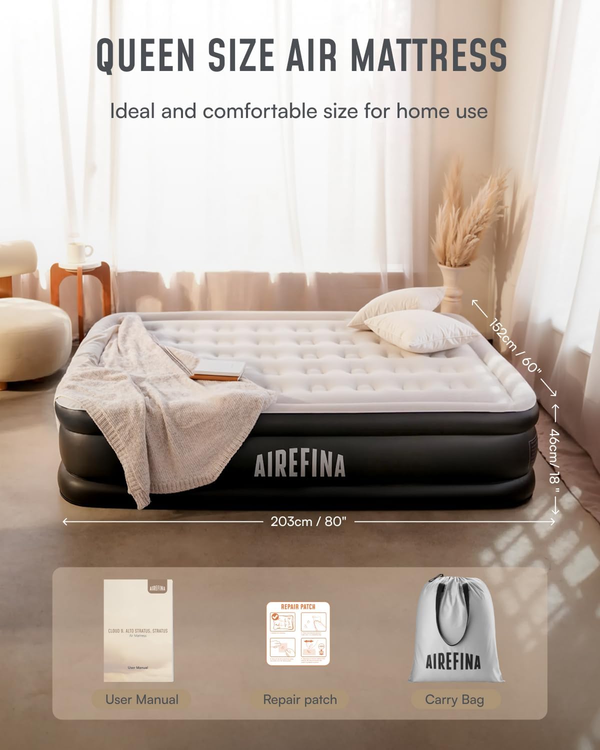 Airefina Queen Air Mattress - 18" Raised Comfort with Built-In Pump & Carrying Bag | 750 lbs Capacity