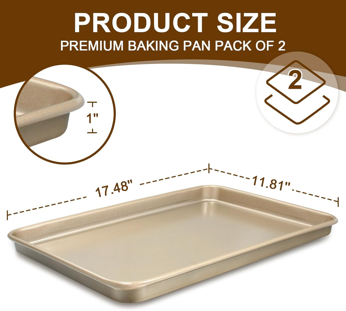 Wildone Baking Sheet Pan Set - Nonstick Carbon Steel Cookie Sheets, Heavy Duty & Easy Clean | 17.5x12 Inch