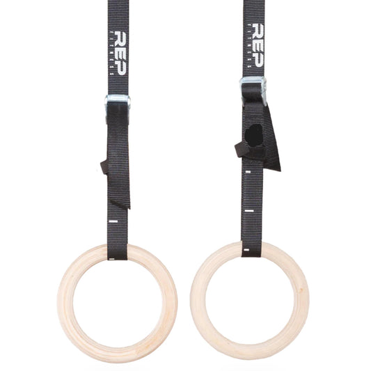 REP Fitness Wood Gymnastic Rings 1.11” FIG Spec Diameter, 14’ Adjustable Numbered Straps, Portable Olympic Suspension Trainer for Gymnastics, Core Training, Home Gym Workouts