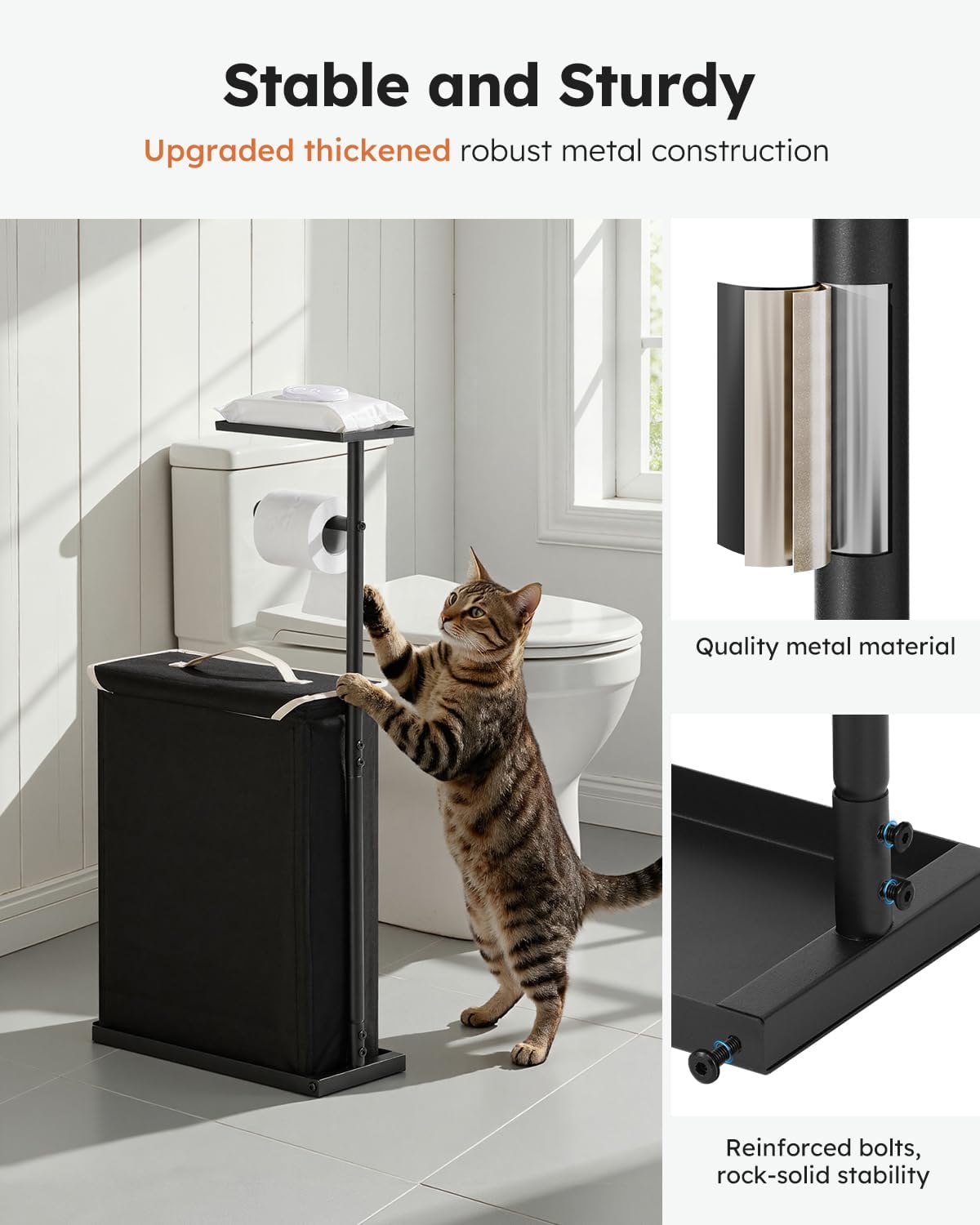 Skiennix 30" H Toilet Paper Holder Stand - Rustproof Free Standing Organizer with Shelf & Basket, Black