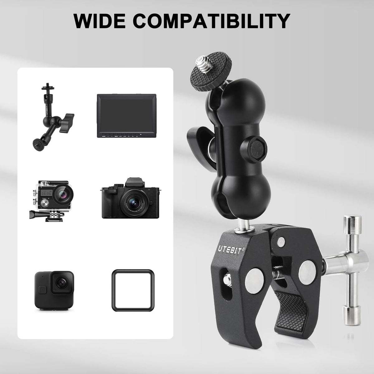 UTEBIT Super Clamp Camera Mount with 360° Ballhead Magic Arm, Super Clamp Mount with 1/4" and 3/8" Thread, Desk/Bike/Bicycle/Motorcycle/Handlebar for GoPro, Phone, Camera, Monitor, LED Light