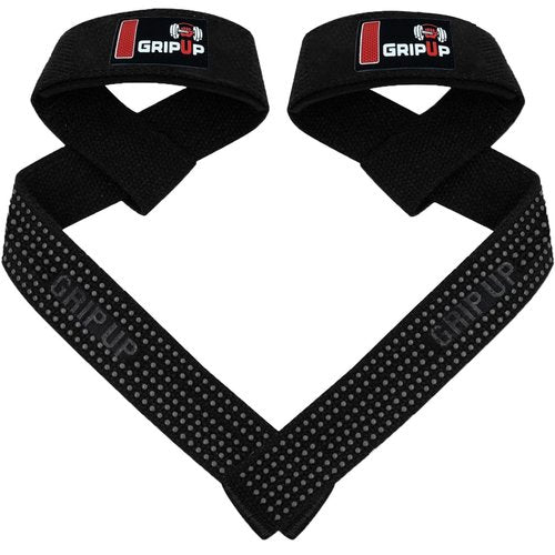 GripUpBar Lifting Straps For Weight Lifting Gel Grips Heavy Duty Gym Strap Cotton Wrist Support Neoprene Padded Anti Slip Dumbbell Bar Wraps For Bodybuilding Deadlifts Barbells Workouts Men Women (Black)