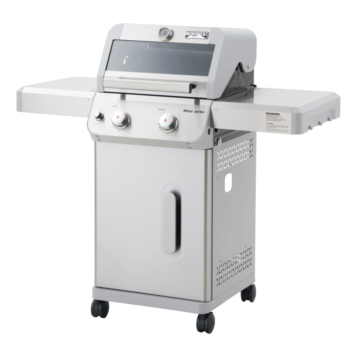 Monument Grills 2-Burner Stainless Steel Liquid Propane Gas Grill, Two Foldable Shelves Patio Garden Barbecue Grill with Clearview® Lid, Knob Control Mesa200S