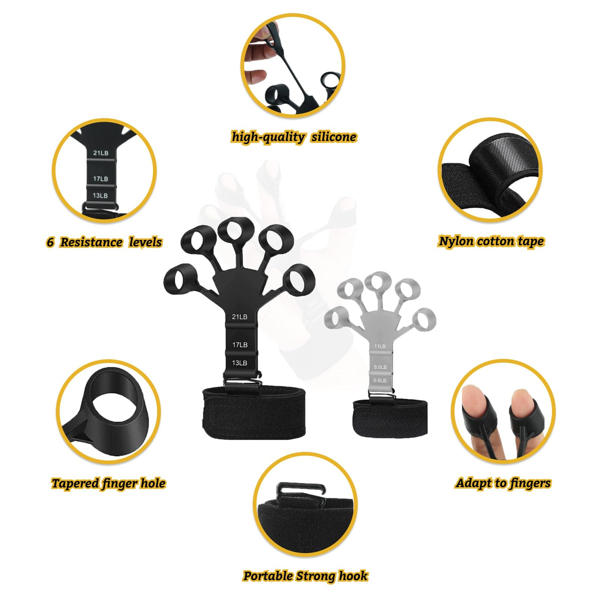Kairsya Finger Stretcher & Hand Strengthener - 2Pcs Adjustable Finger Resistance Bands for Guitarists, Climbers, Typists, Gamers, Forearm & Hand Strength Training Wrist Exerciser (Black+Grey)
