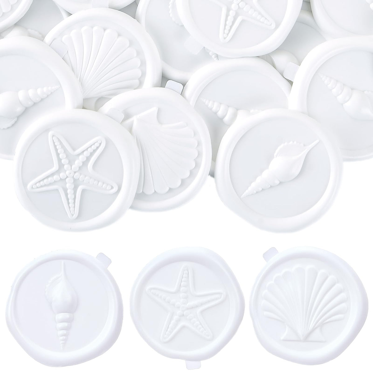 PartyforU White Wax Seal Stickers - 60 Pcs Embossed Starfish Conch and Seashell Self-Adhesive Wedding Invatation Wax Stamp Stickers for Envelope Birthday Party Gift Wrapping