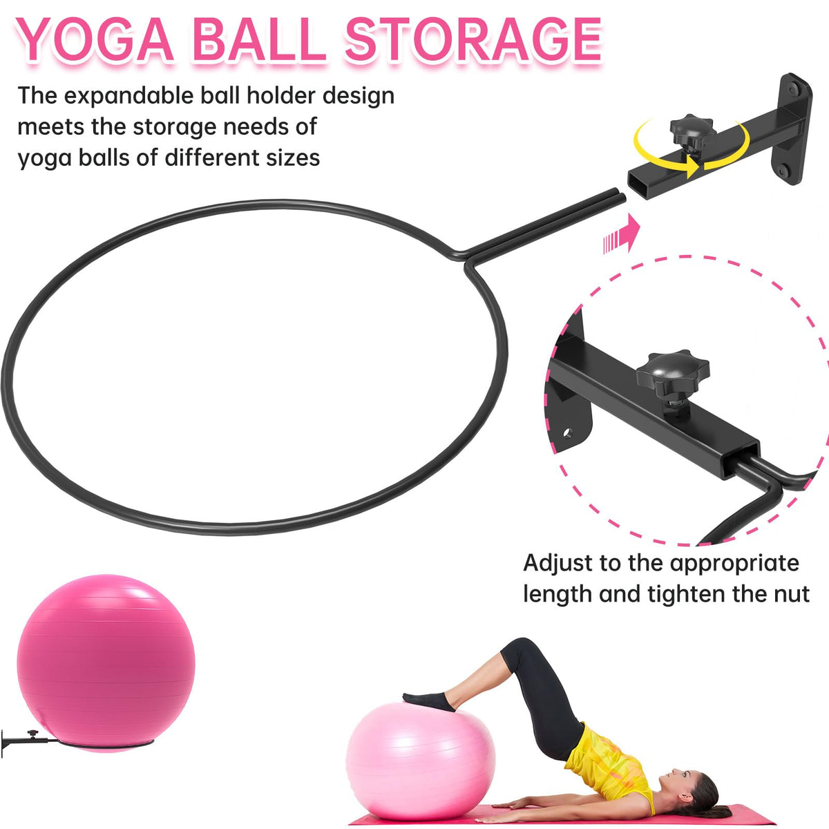 KOMOHOM Wall Mount Stability Ball Storage Rack for 26" Large Balls, Adjustable Heavy Duty Exercise Ball Holder for Home Gym, Metal Bracket for Yoga Ball, Swiss Ball, Physio Ball, Medicine Ball