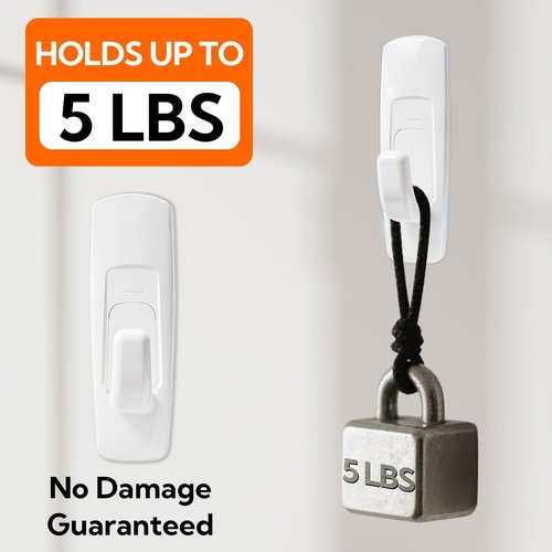 Hookay 5lbs Adhesive Wall Hooks - Damage-Free Heavy Duty Utility Hooks | 7 Hooks & 12 Strips, White Plastic