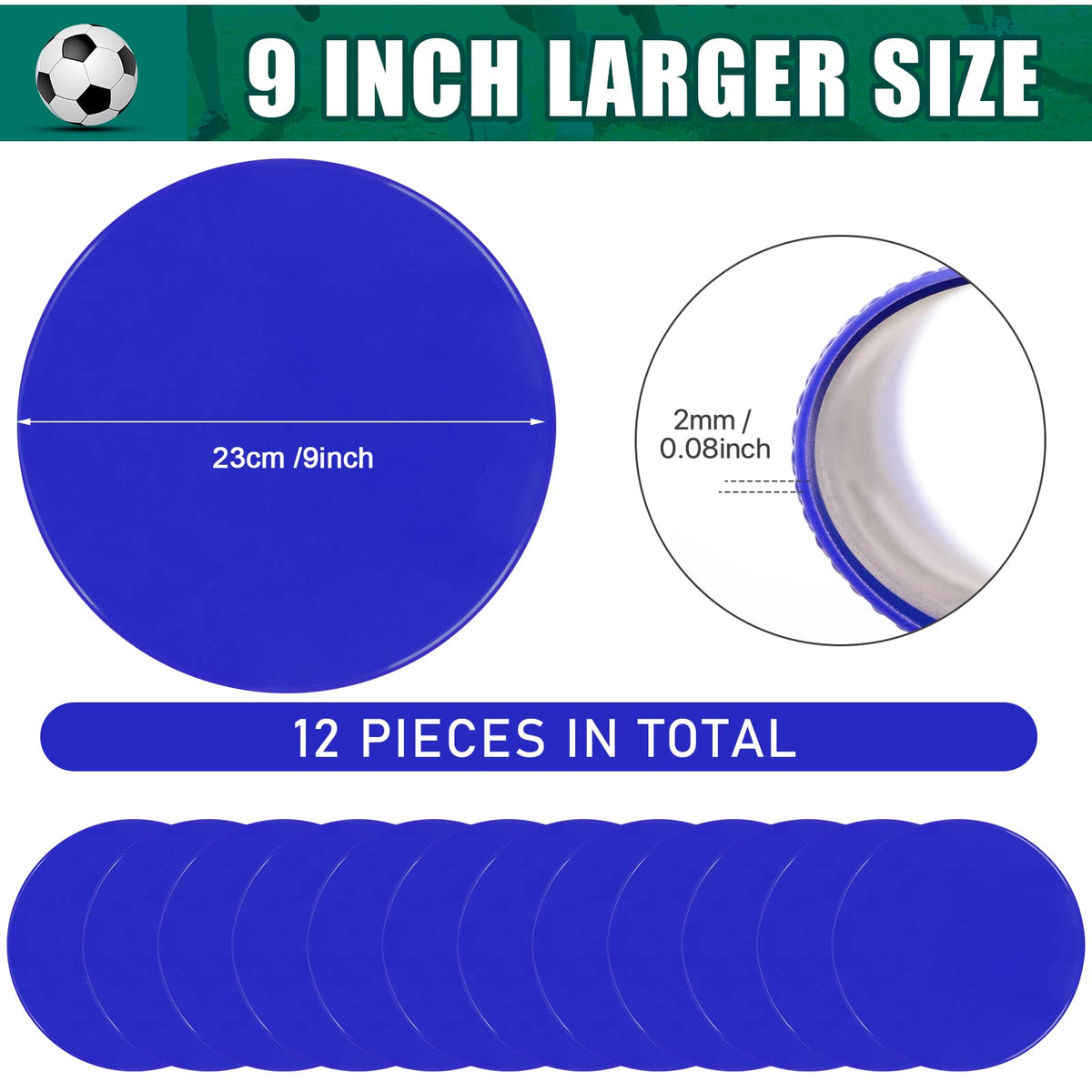 SIFENYU Spot Markers 9inch Rubber Agility Dots Flat Cones Non Slip Sports Dots Floor Spots Agility Markers for Kids Soccer Football Basketball Speed Agility Training (Blue, 12)