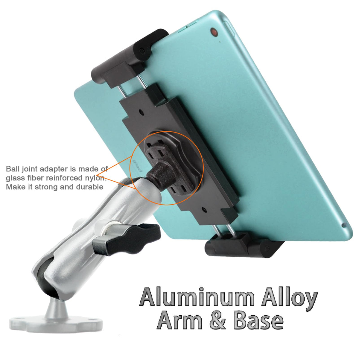 VAUBORTTI Aluminum Arm Heavy Duty Tablet Mount Drill Base - for 6.5"-12.9" Tablet iPad Pro/Mini, iPad Holder for Truck, Car,Dashboard,Desk,Wall-Swivel with 1 inch/25mm Ball Joint