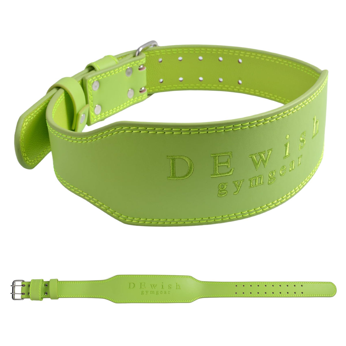 Leather Weightlifting Belt, 10 Adjustable Holes, 4”Width, Double Prong Power Belt for Gym Bodybuilding, weightlifting, powerlifting, squats and deadlifts (Neon Green, XS (23"-27"))