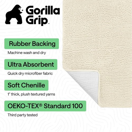 GORILLA GRIP Bath Rug Mat - Thick Soft Chenille, Quick-Dry Microfiber | 60x24 Inches, Ivory