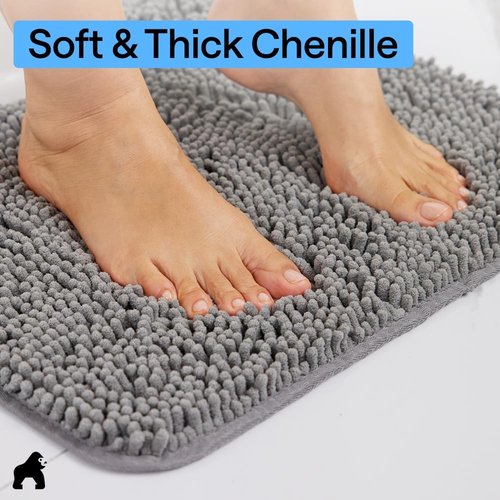 GORILLA GRIP Bath Rug Mat - Soft Absorbent Chenille | Quick-Dry Microfiber, 70x24, Grey