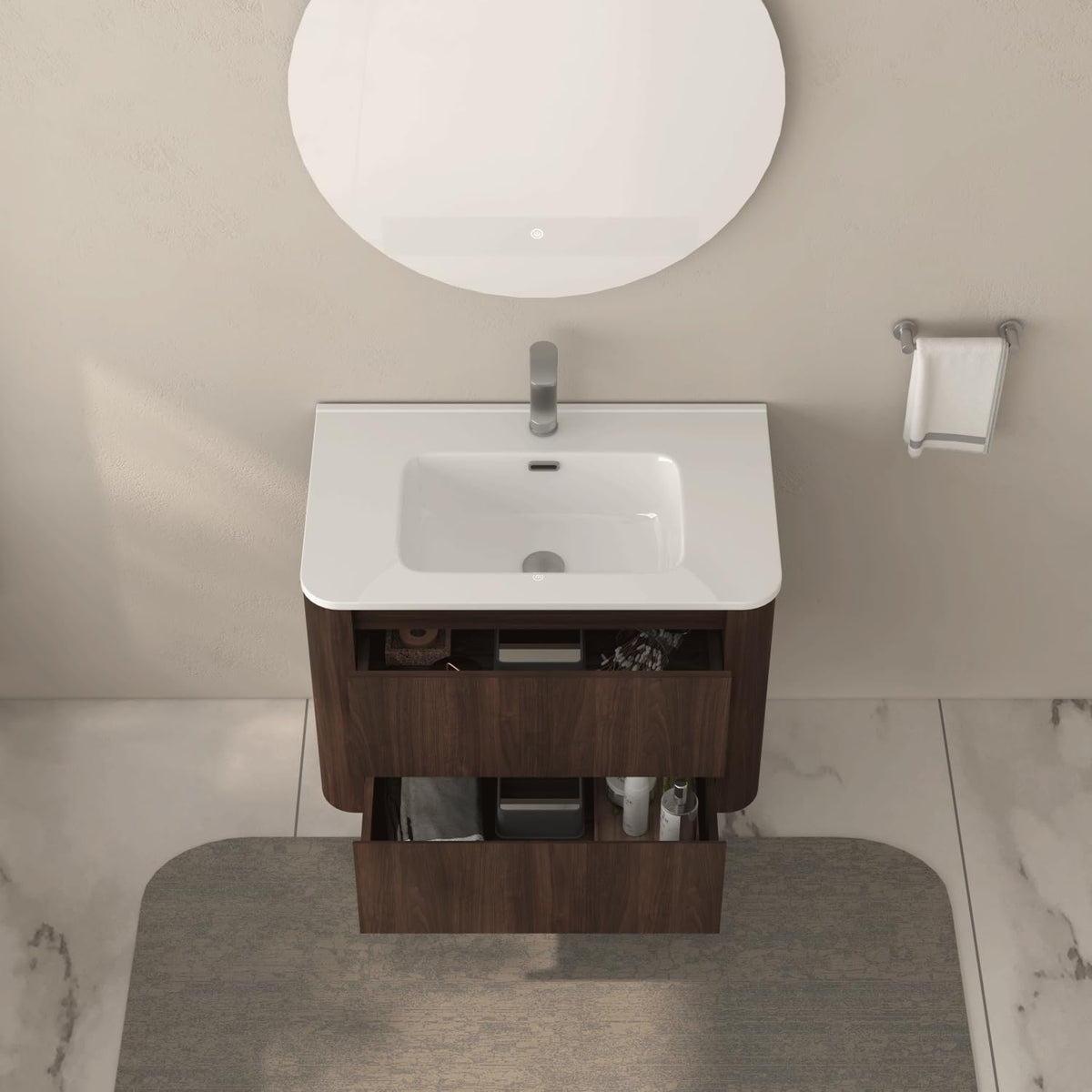 GDFStudio 30" Wall Mounted Bathroom Vanity with Sink,Floating MDF Cabinet with Soft-Close Double Drawers,Vanity with White Ceramic Integrated Basin, Modern Space-Saving Bathroom Storage,Dark Walnut