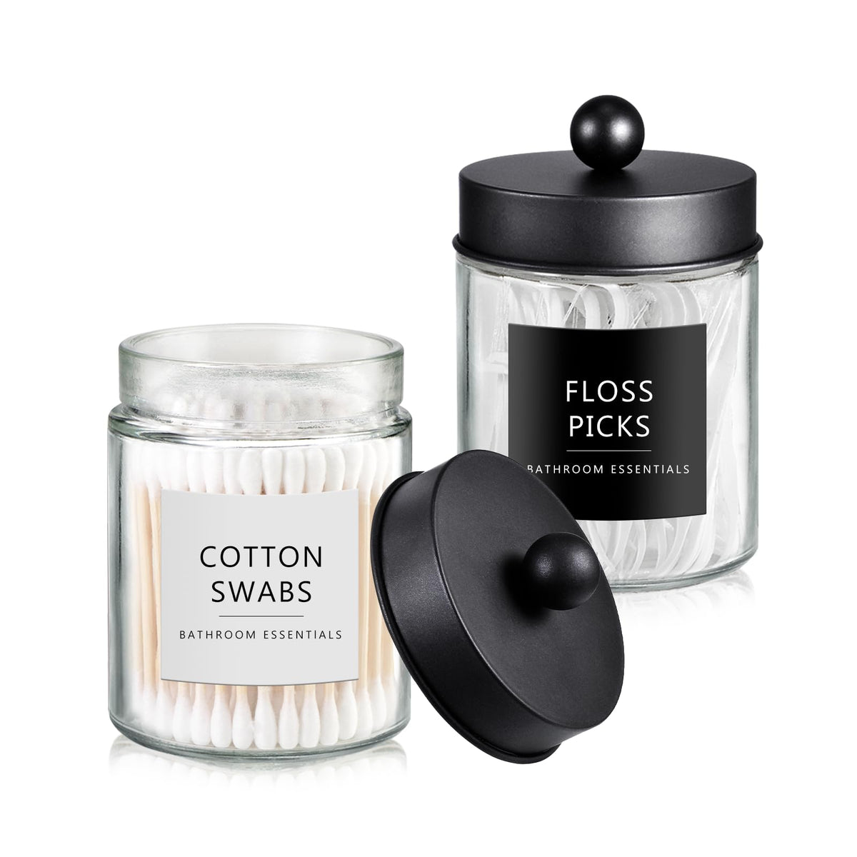 SheeChung 2-Pack Qtip Holder Dispenser - Glass Apothecary Jars with Rust-Proof Stainless Steel Lids - Modern Farmhouse Bathroom Vanity Organizer for Cotton Swabs, Balls, Pads(Black)