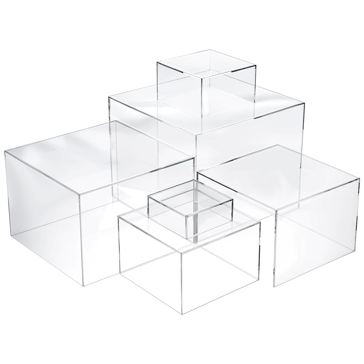 6 Pcs Acrylic Risers for Display Clear Risers Display Stands with Hollow Bottoms 5 Sided Acrylic Cube Boxes Square Nesting Cubes Decorative Stand Shelf for Food Dessert Jewelry Figures Decor 6 Sizes