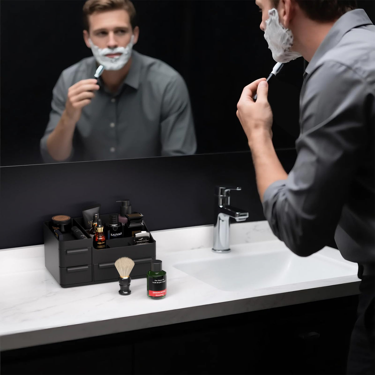 Rasydyn Men's Cologne Organizer with Drawers: Black Men Bathroom Counter Organizer, Dresser Organizer for Shaving Kit, Skincare, Gifts for Men