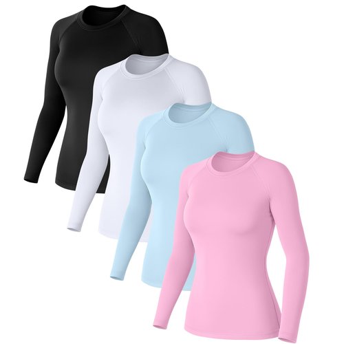 Coume 4 Pack Women's Compression Long Sleeve Shirts Crew Neck Workout Tops Quick Dry Gym Running Athletic Sports Underscrubs(Light Blue Light Pink White Black,Medium)