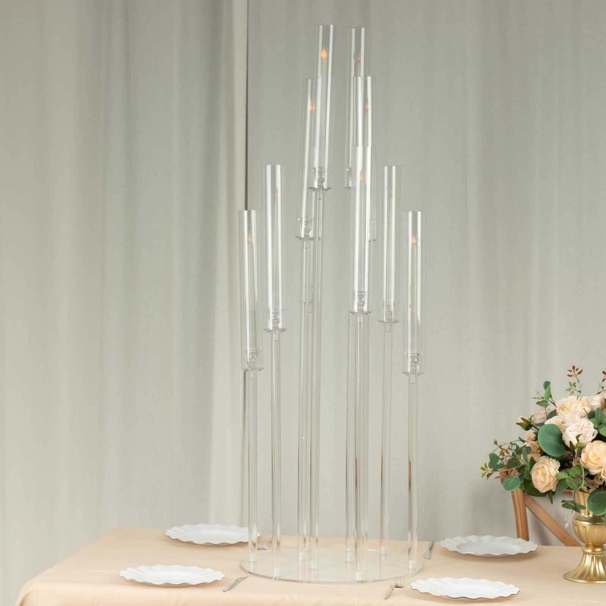 Efavormart 10 Arm Clear Acrylic Cluster Round Taper Candle Holder Candelabra, Pillar Candle Stick Stand with Circular Base - 47" Tall