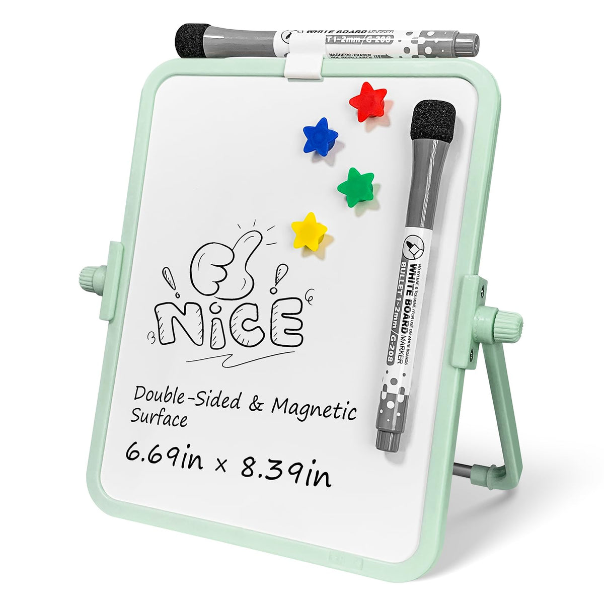 FUNISKETCH Magnetic Dry Erase Whiteboard, 6.7x8.4 Inch Double-Sided Desktop Easel with Stand, 2 Eraser Head Markers & 4 Magnets, Portable White Board for Planning, Memo, Office, Home, School（Green）